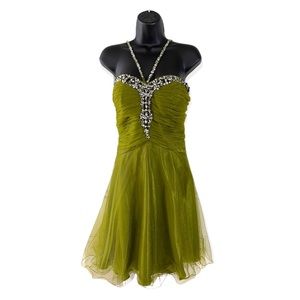 Cute olive colored spaghetti strap Flare Short beaded Cocktail Dress siz…
